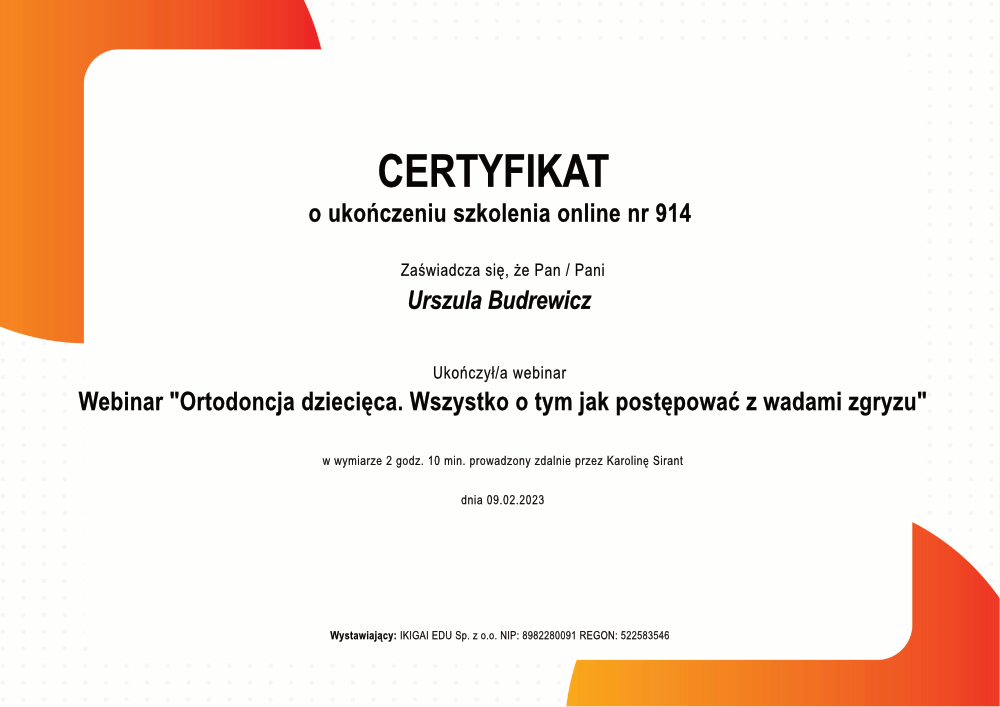 Certyfikat ukończenia szkolenia nr 914