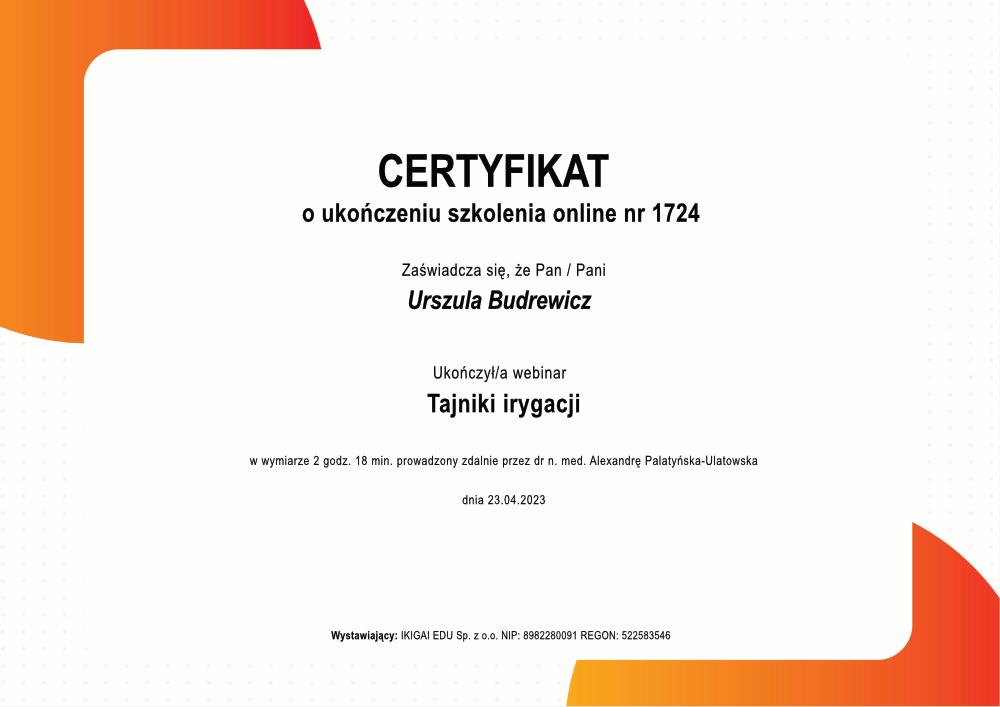 Certyfikat ukończenia szkolenia nr 1724