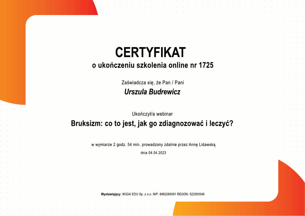 Certyfikat ukończenia szkolenia nr 1725